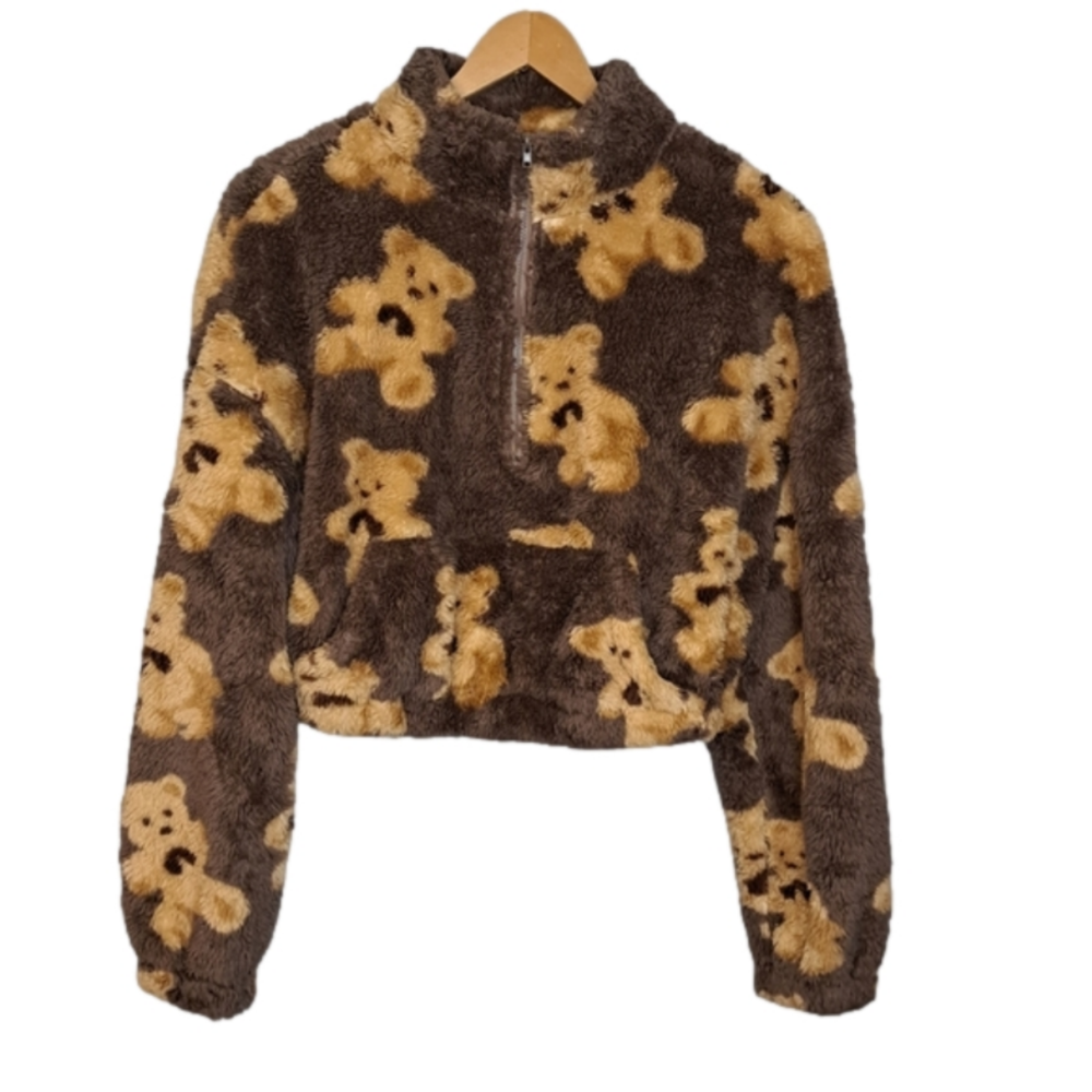 ✨HP✨Cartoon Bear - Cropped, 1/2 Zip, Fluffy Sweatshirt - Kanga Pocket - EUC